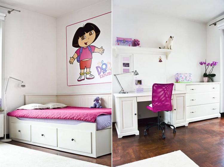 chambre-enfant-petit-espace-lit-bureau-chaise-peinture-murale-etageres-rangement
