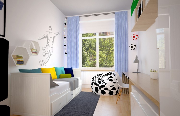 chambre-enfant-petit-espace-rideau-bleu-lit-coussins-chaise-vintage-bureau-bois