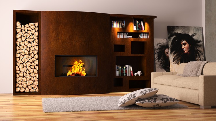 cheminée design rangement bois étagèes-acier-corten Elleci