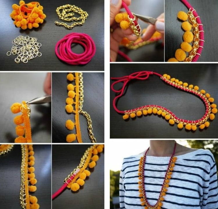 collier-faire-soi-meme-pompons-orange-chaine-corde-rose collier à faire soi-même