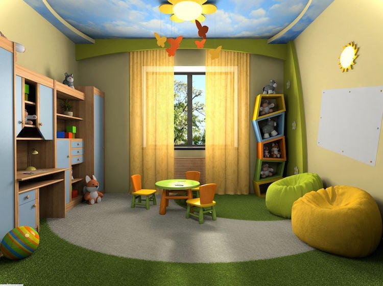 couleur-chambre-enfant-meubles-vert-orange-jaune-plafond-bleu