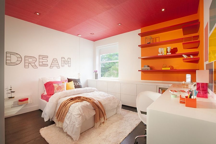couleur chambre enfant peinture-murale-etageres-grand-lit