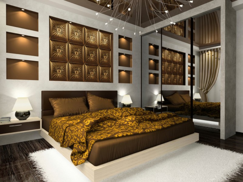 couleur-chambre-moderne-déco-murale-gris-marron-literie-marron-motifs-couleur-or