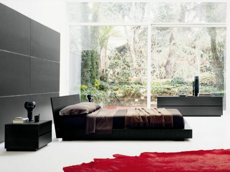 couleur-chambre-moderne-lit-panneau-mural-commode-marron-foncé-tapis-accent