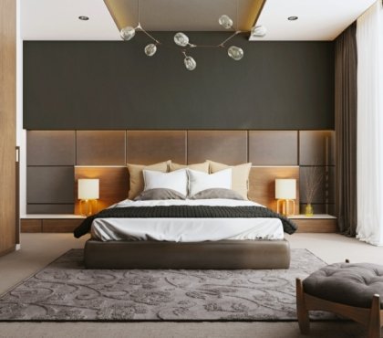 couleur-chambre-moderne-peinture-murale-marron-sombre-tête-lit-bois-tapis-gris