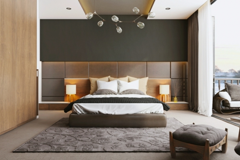 couleur-chambre-moderne-peinture-murale-marron-sombre-tête-lit-bois-tapis-gris couleur de chambre