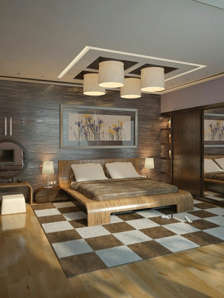 couleur-chambre-moderne-tapis-damier-marron-gris-panneau-mural-bois