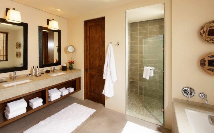 couleur-salle-bains-beige-clair-carrelage-aspect-pierre-naturelle-meuble-vasque-bois