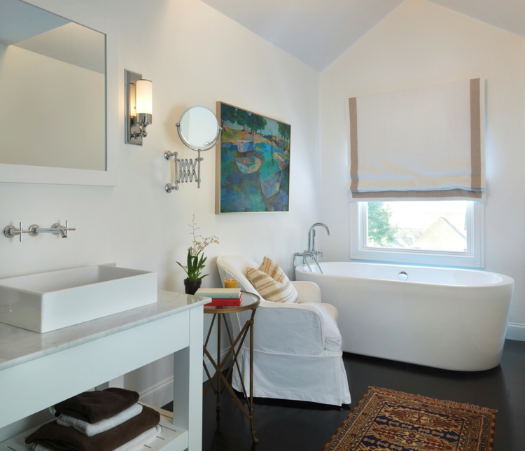 couleur-salle-bains-blanche-sanitaire-blanc-tableau-paysage-tapis-rustique couleur salle de bains