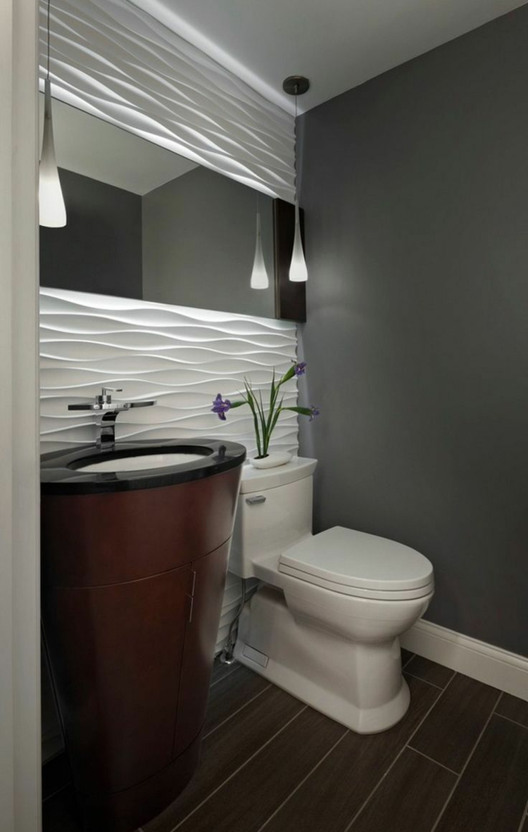 couleur-salle-bains-gris-foncé-carrelage-mural-3d-blanc-motif-ondulé couleur salle de bains