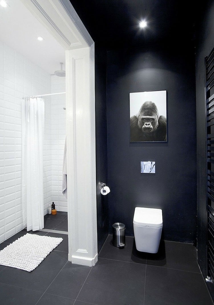 couleur-salle-bains-mur-accent-noir-carrelage-métro-blanc-carreaux-grand-format-gris-anthracite couleur salle de bains