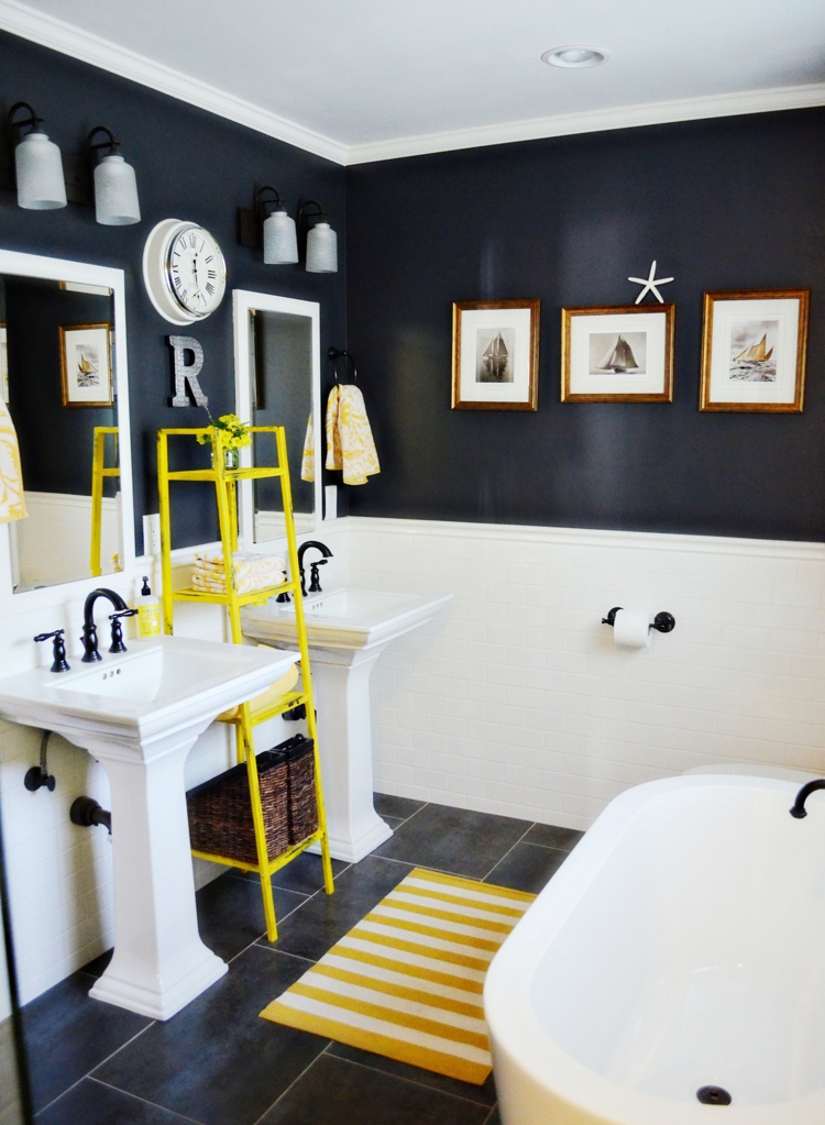 couleur-salle-bains-noir-blanc-échelle-jaune-tapis-rayé-blanc-jaune couleur salle de bains