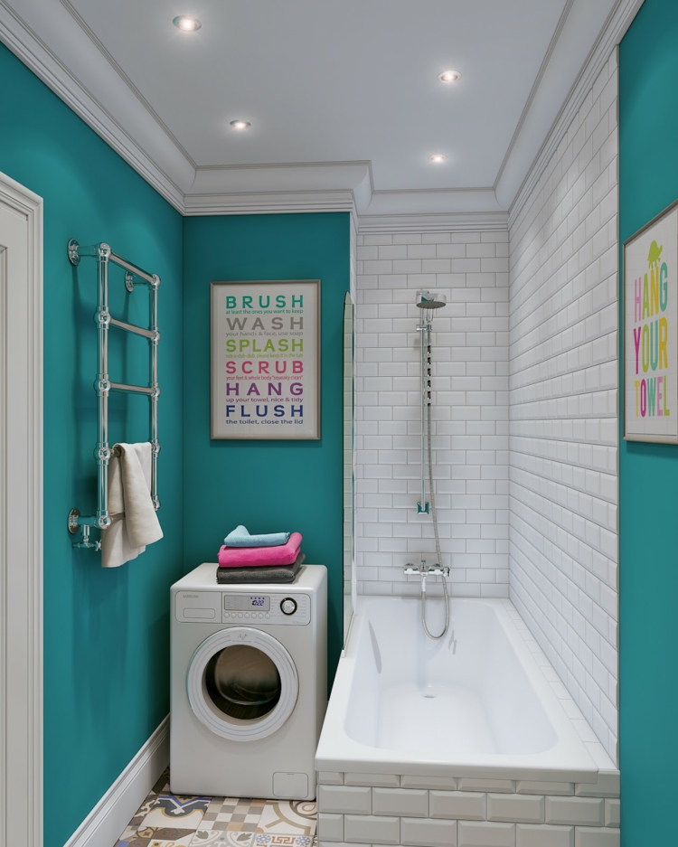 couleur-salle-bains-turquoise-carrelage-métro-blanc-machine-laver couleur salle de bains