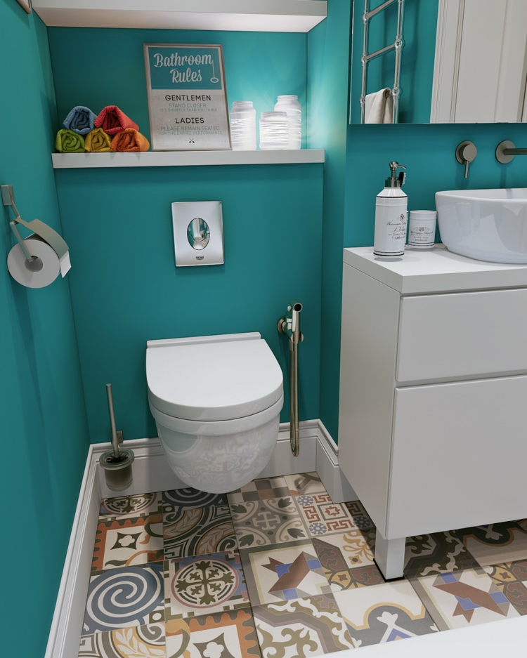 couleur-salle-bains-turquoise-carrelage-sol-patchwork-sanitaire-meubles-blancs