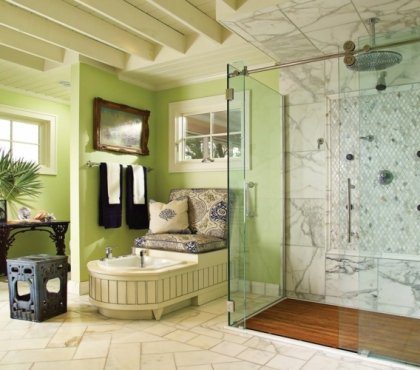 couleur-salle-bains-vert-anis-carrelage-marbre-cabine-douce-carrelage-chevron