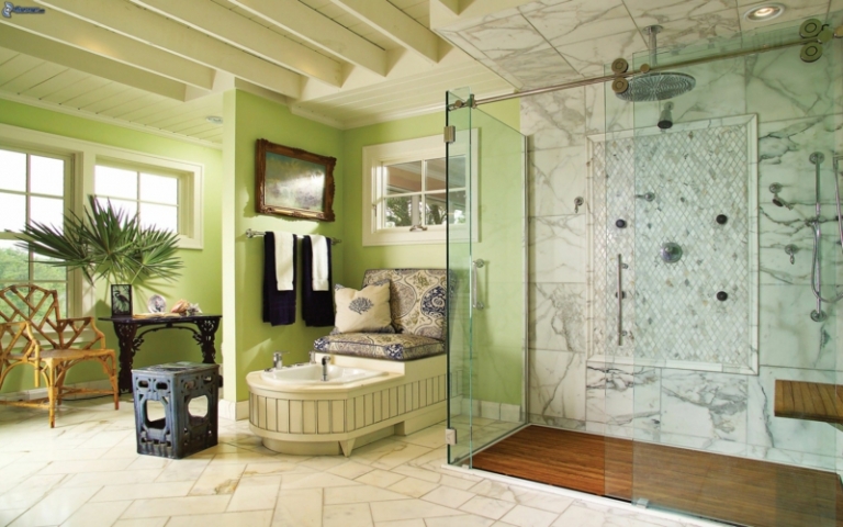 couleur-salle-bains-vert-anis-carrelage-marbre-cabine-douce-carrelage-chevron couleur salle de bains