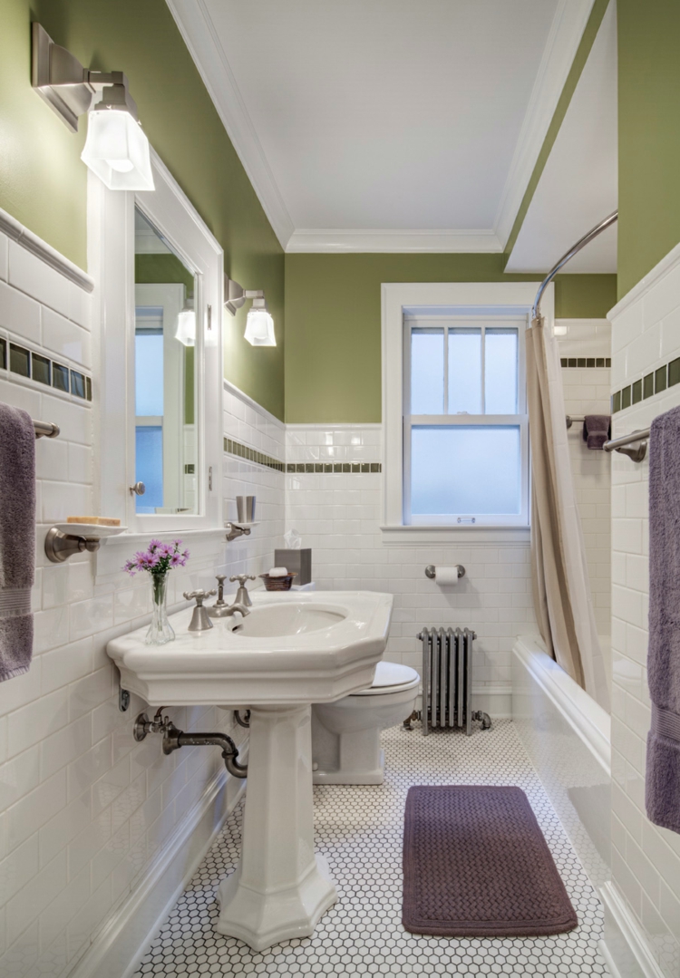 couleur-salle-bains-vert-olive-carrelage-métro-blanc-mosaique-sol-hexagonale couleur salle de bains