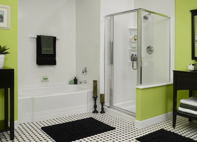 couleur-salle-bains-vert-pomme-carrelage-sol-noir-blanc-rétro-tapis-noirs