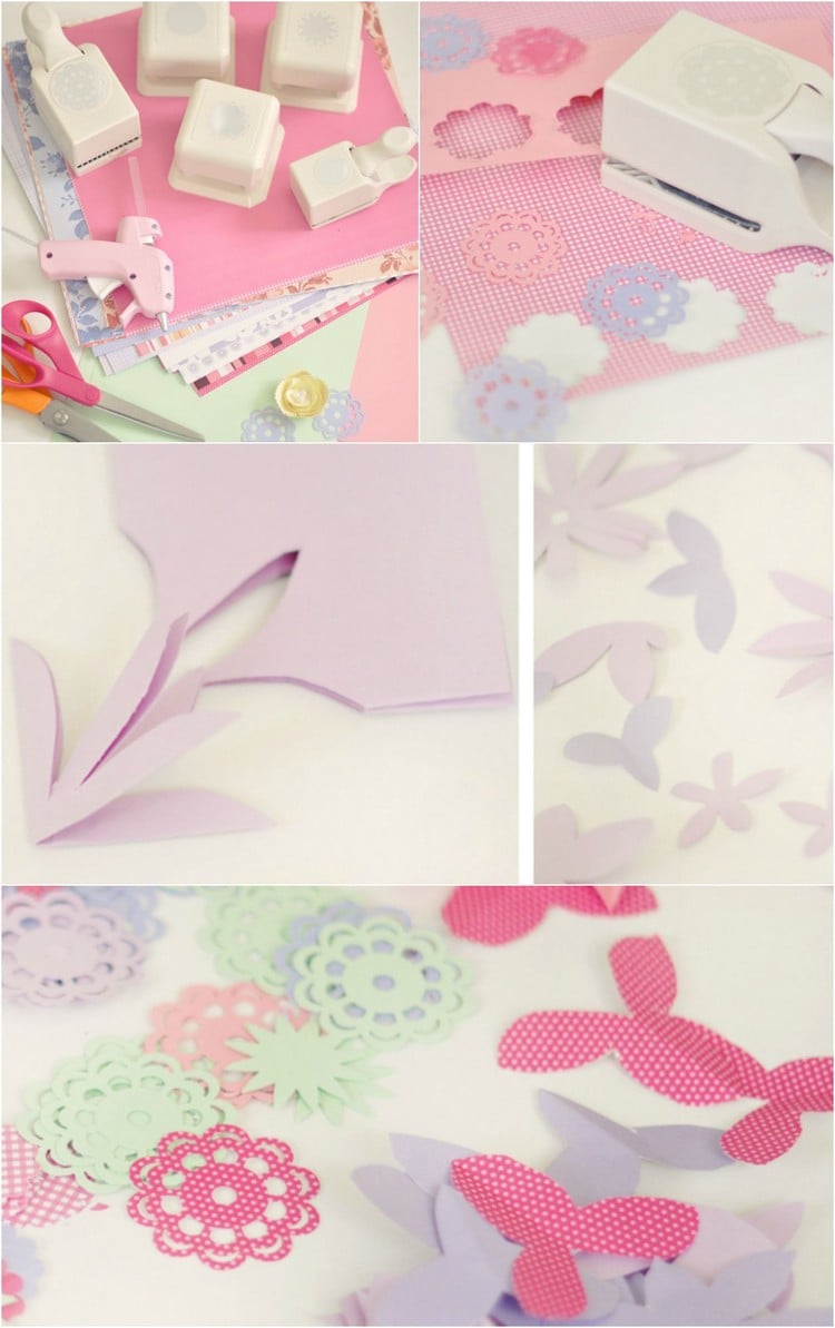 deco-chambre-ado-fille-fleurs-papier-bricolage-rose-bleu-pâle-blanc