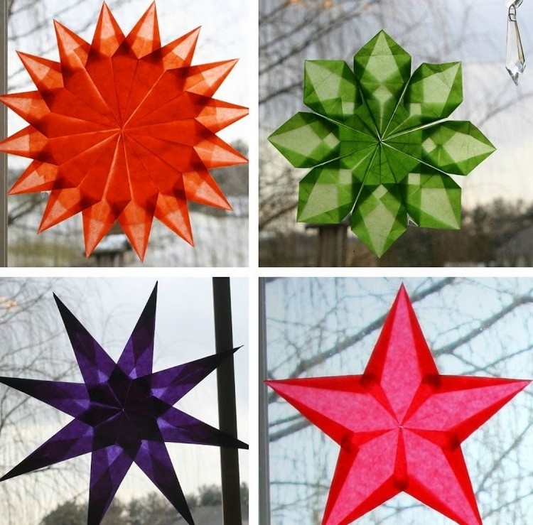 deco-fenetre-Noel-etoile-différents-modèles-étoiles-multicolores-branches-variées déco fenêtre Noël