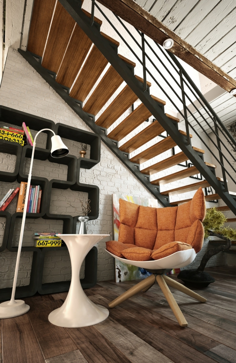 deco-loft-chaise-bois-galette-orange-table-blanche-meuble-rangement-mural-noir-escalier-droit