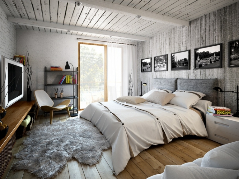 deco-loft-chambre-coucher-tapis-shaggy-gris-photos-noir-blanc-plafond-lattes-bois