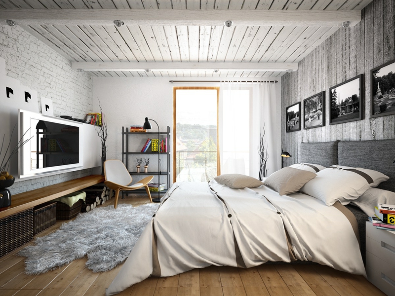 deco-loft-chambre-coucher-tête-lit-grise-photos-noir-blanc-tapis-shaggy-tv-écran-plat-boîtes-rangement déco loft