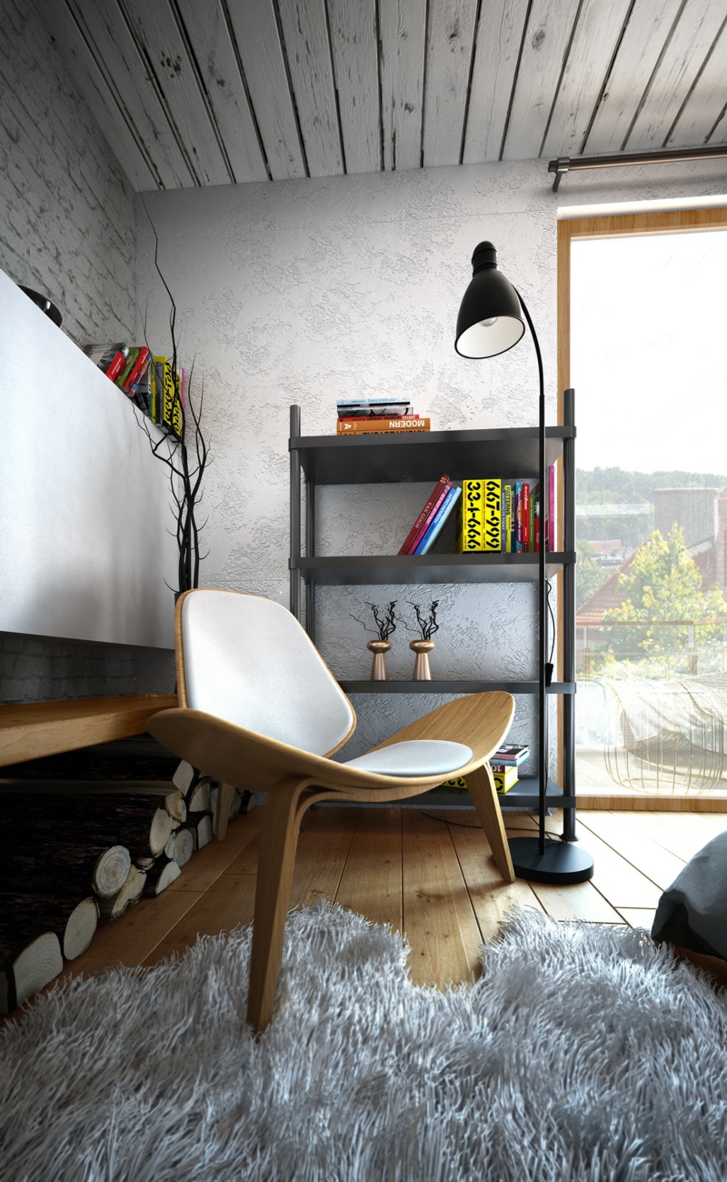 deco-loft-cheminée-chaise-bois-design-tapis-shaggy-gris-lampadaire-noir