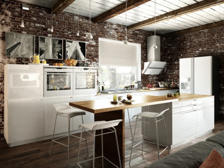 deco-loft-cuisine-uverte-mur-brique-mobilier-blanc-suspensions-métalliques-photos-noir-blanc déco loft