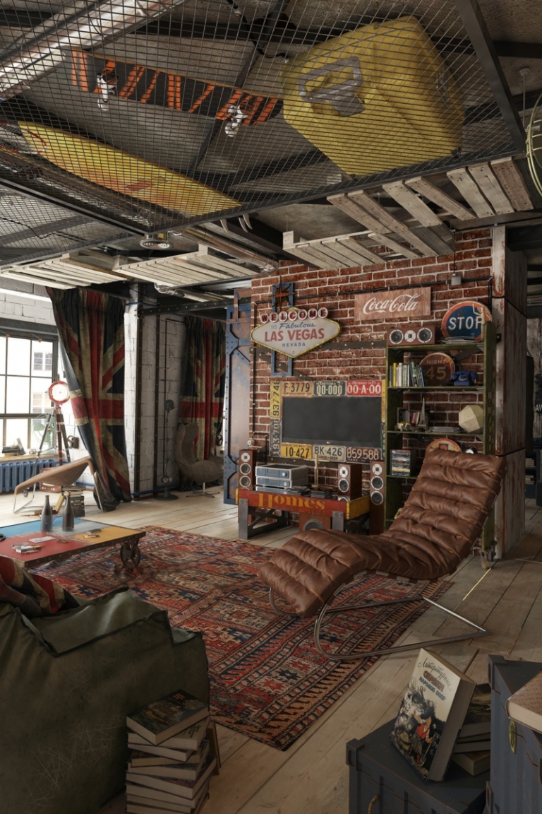 deco-loft-kilim-chaise-cuir-maron-mur-brique-système-audio-plafond-stockage déco loft