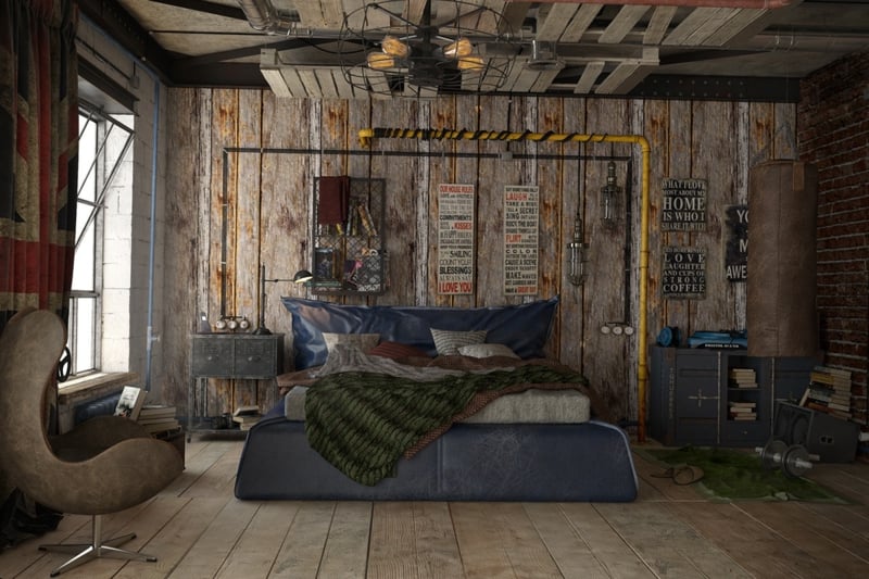 deco-loft-lambris-mural-bois-chambre-coucher-fauteuil-cuir-tuyaux