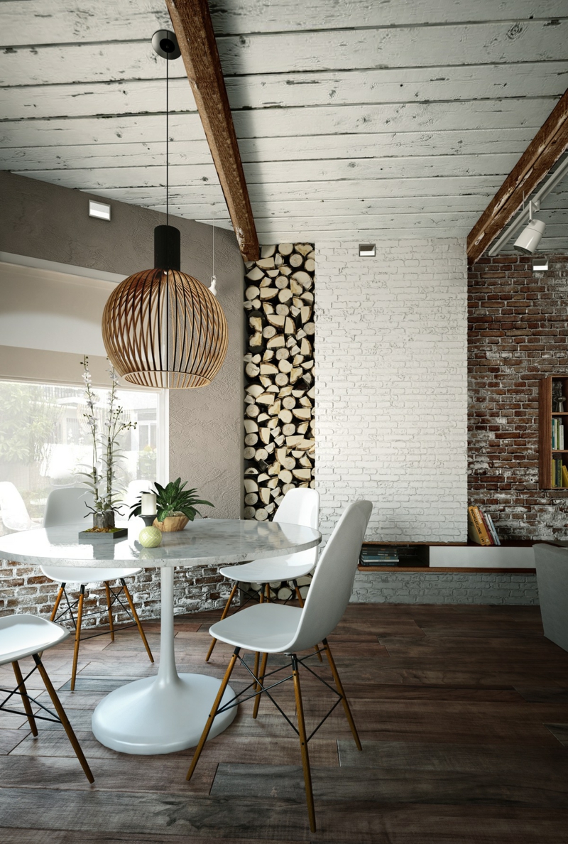 deco-loft-parquet-mur-brique-blanche-rangement-bois-table-tulipe-chaises-eames
