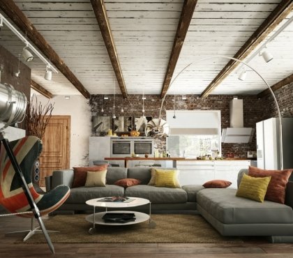 deco-loft-plafond-poutres-exposés-canapé-angle-gris-table-basse-blanche-fauteuil-cuir-drapeau-anglais