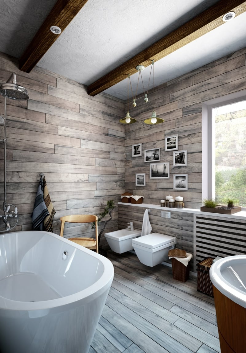 deco-loft-salle-bains-lambris-mural-bois-sanitaire-blanc-photos-noir-blanc-suspensions-jaunes déco loft