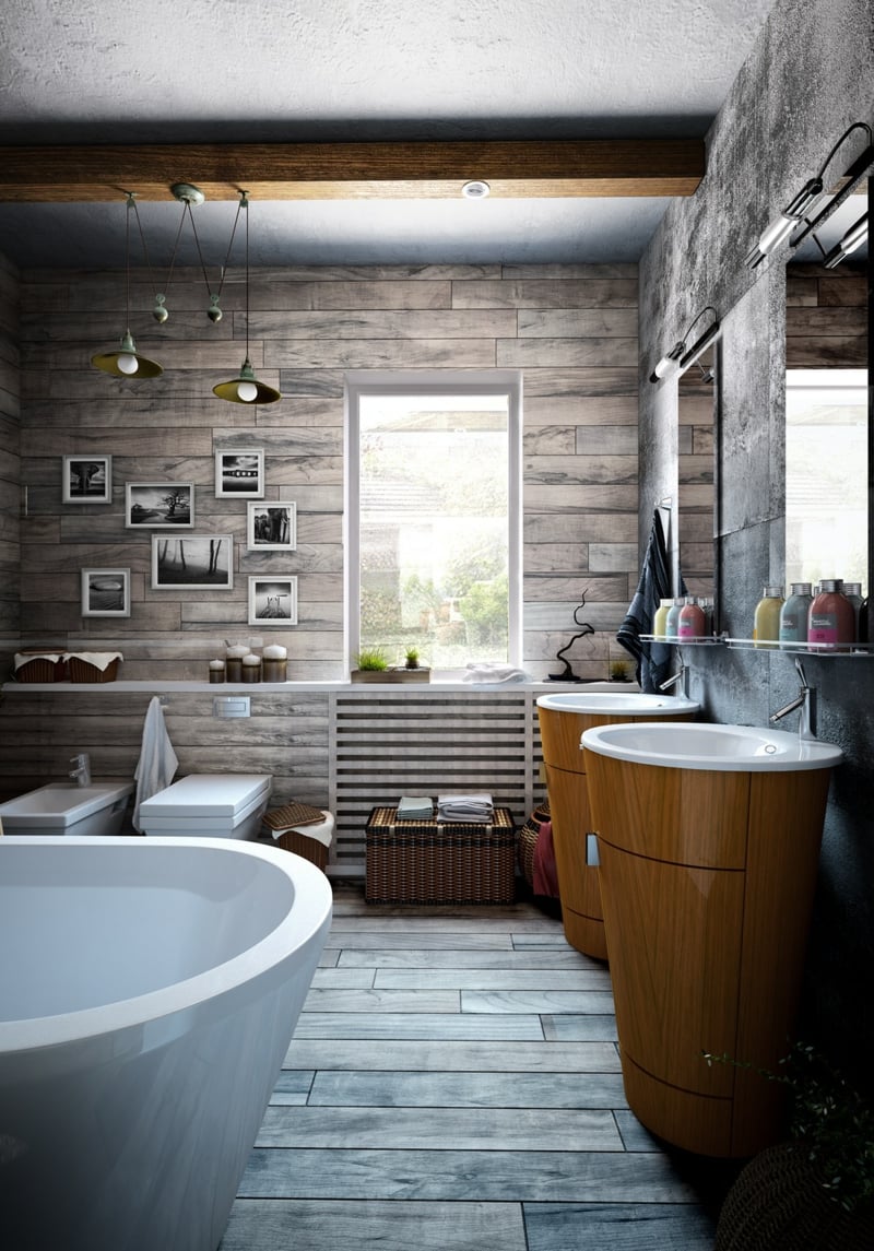 deco-loft-salle-bains-lambris-mural-bois-vasques-pied-bois-sanitaire-blanc déco loft