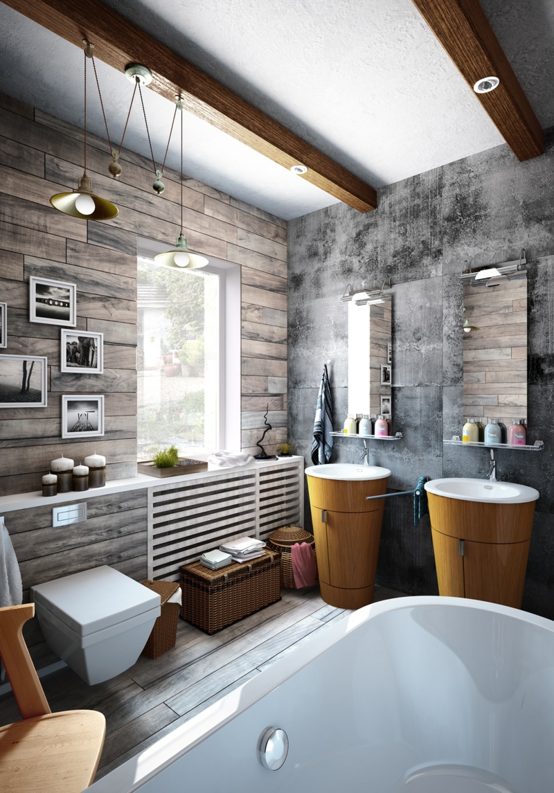 deco-loft-salle-bains-mur-béton-lambris-mural-bois-boîtes-rangement-sanitaire-blanc