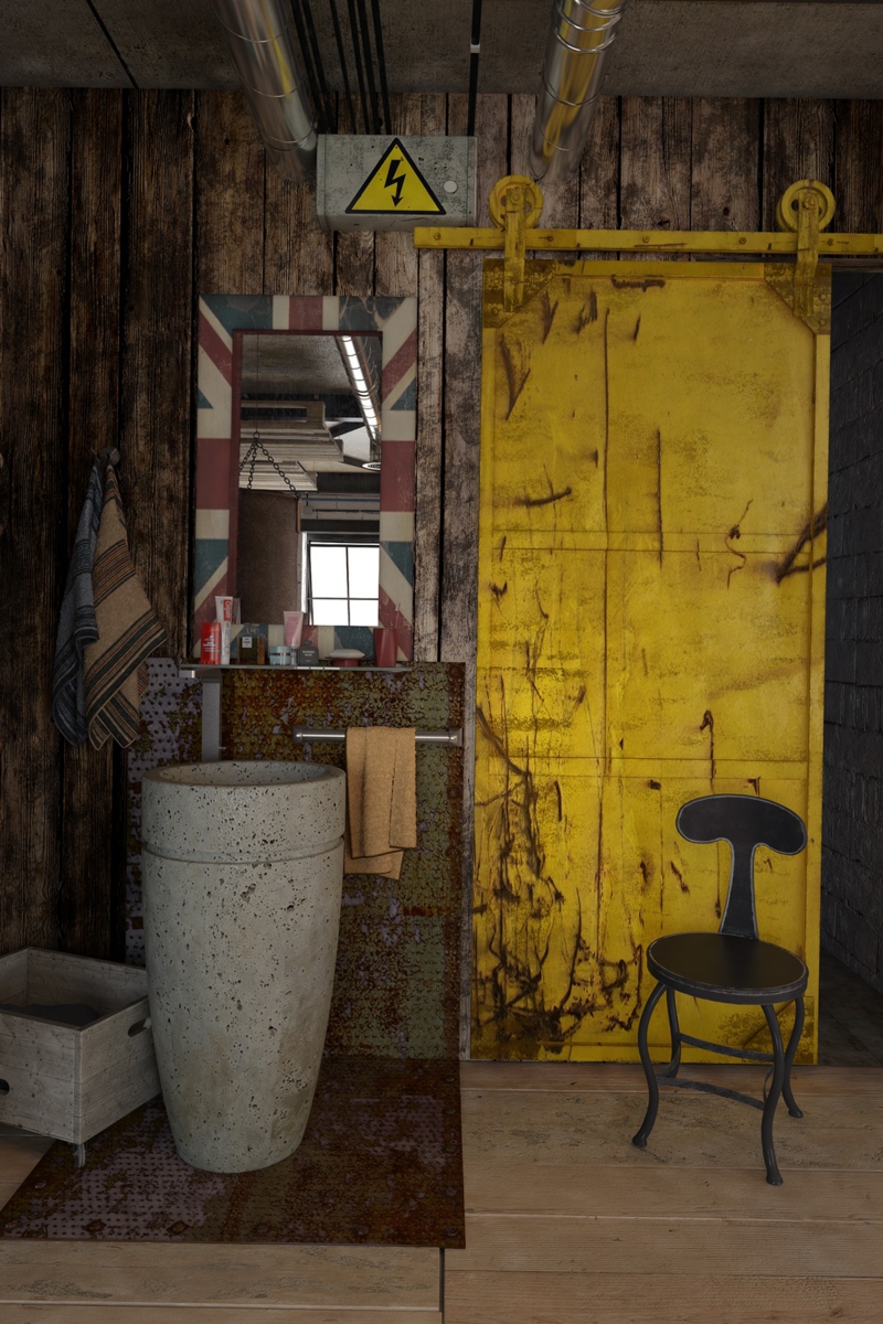 deco-loft-salle-bains-vasque-pied-béton-lambris-mural-bois-porte-coulissante-jaune