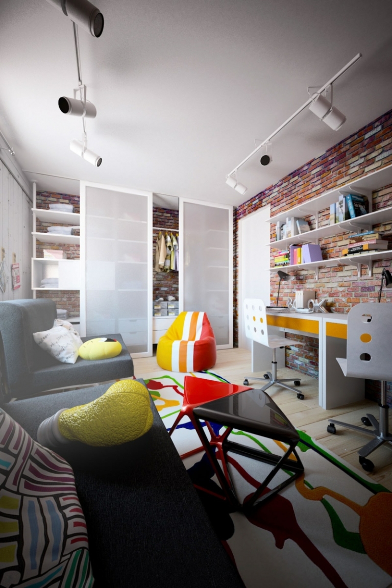 deco-loft-salle-séjour-coin-bureau-mur-brique-tapis-blanc-motifs-table-basse-triangle déco loft