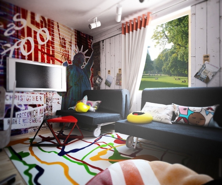 deco-loft-salle-séjour-tapis-blanc-motifs-colorés-canapé-gris-anthracite-table-triangulaire-rouge