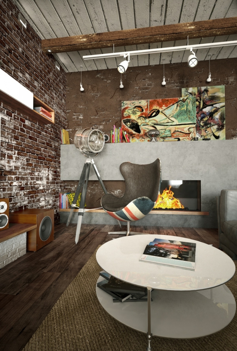 deco-loft-table-basse-ronde-blanche-parquet-fauteuil-egg-cheminée-lampadaire-projecteur déco loft