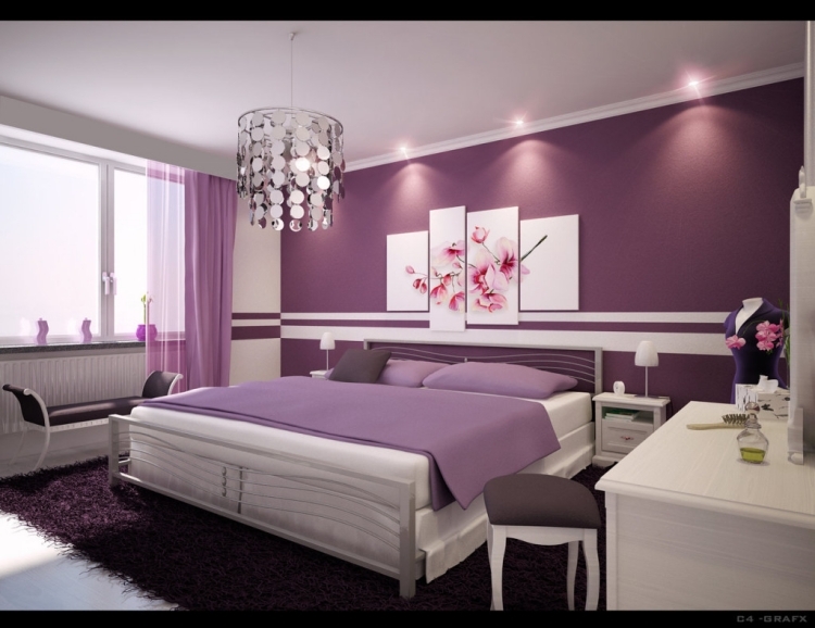 déco murale chambre-adulte-idee-diy-peinture-violette-spots-encastres