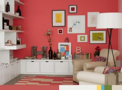 deco-murale-couleur-corail-tapis-carreaux-lampe-sol