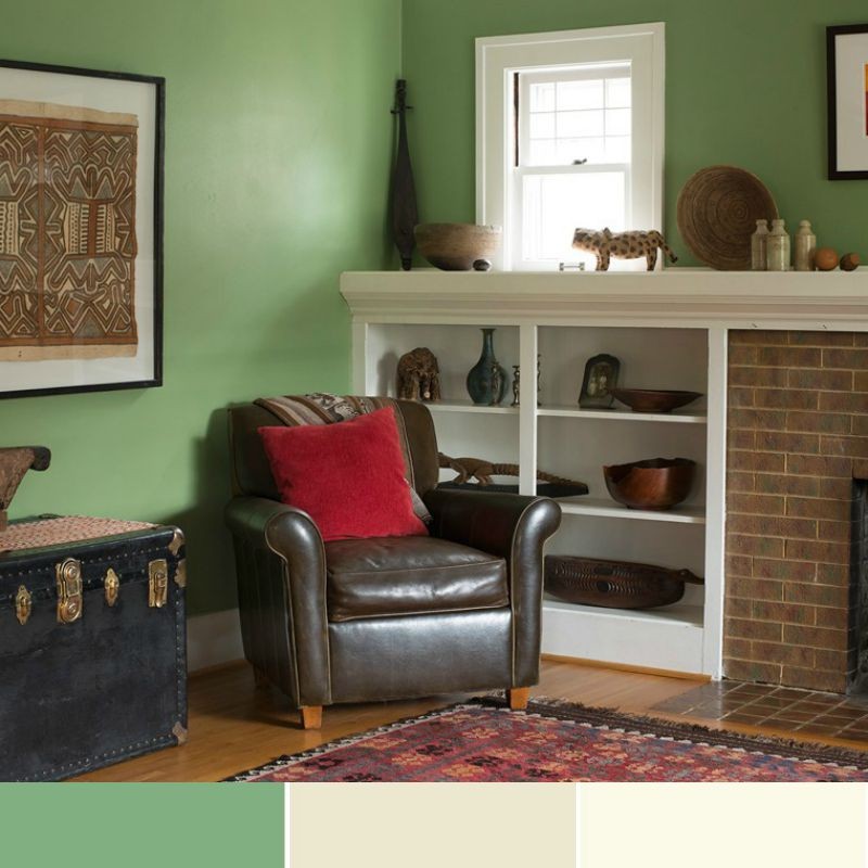 deco-murale-couleur-vert-fauteuil-cuir-marron-etageres-rangement
