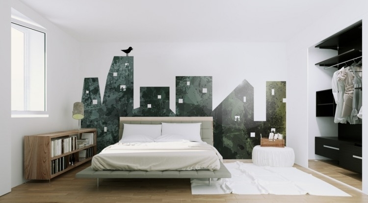 deco-murale-originale-chambre-coucher-blanche-sticker-mural-silhouettes-bâtiments-oiseau