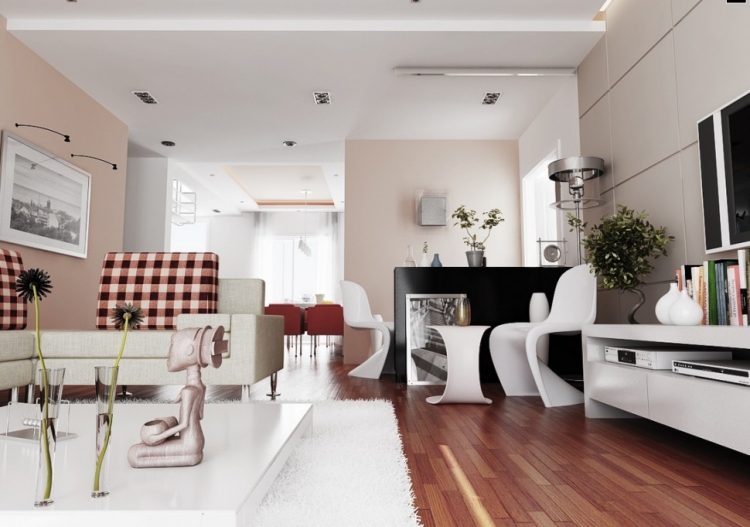deco-salon-moderne-canapé-beige-clair-coussins-carreaux-parquet-tapis-blanc