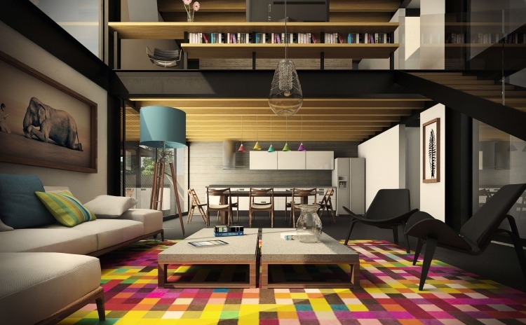 deco-salon-moderne-canapé-blanc-chaises-noires-tapis-carrés-multicolores-lampadaire-turquoise