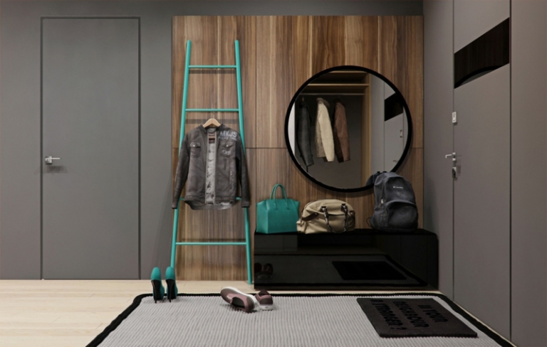 deco-theme-musique-meuble-porte-manteau-noir-laqué-miroir-rond-échelle-turquoise-entrée