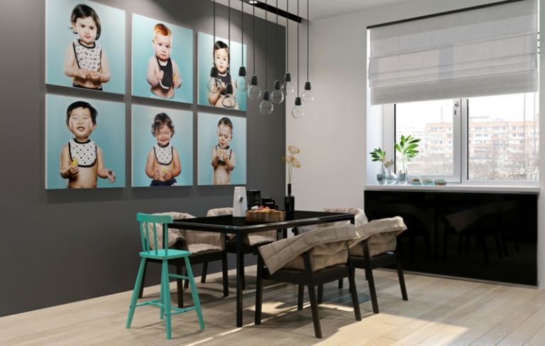 deco-theme-musique-salle-manger-photos-petits-enfants-table-noire-chaises-noir-turquoise