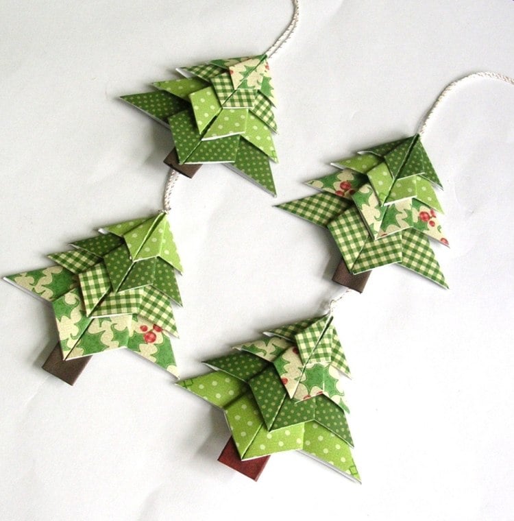 decoration-Noel-faire-soi-meme-sapins-origami-papier-vert-marron décoration de Noël à faire soi-même