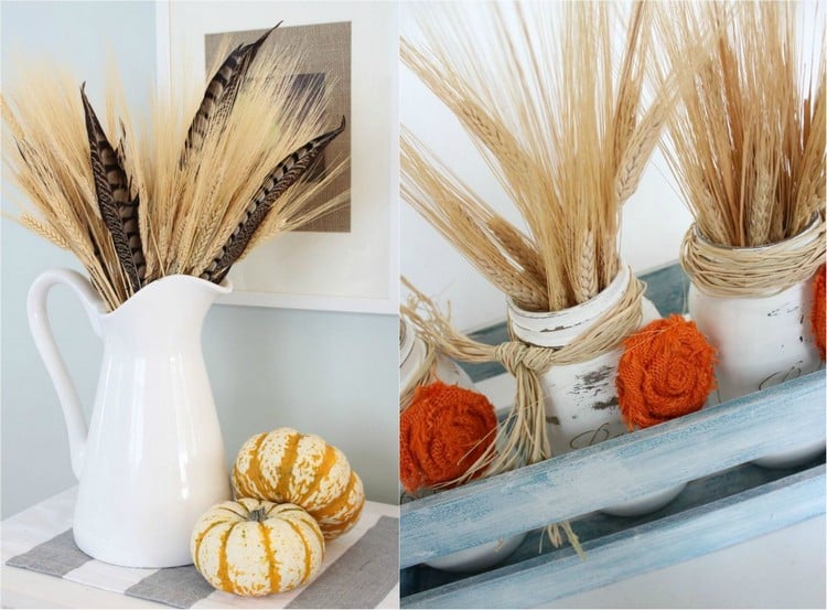 decoration-automne-epis-ble-vases-arrangements-epis-bleu-plumes-raphia-mini-citrouilles décoration automne